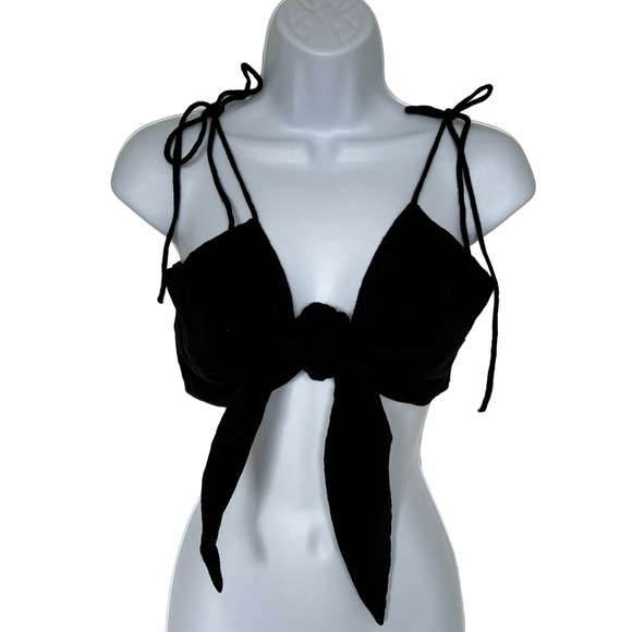 ASOS Tie Front 100% Cotton Spaghetti Strap Festival Crop Top Black 8 - Picture 1 of 6